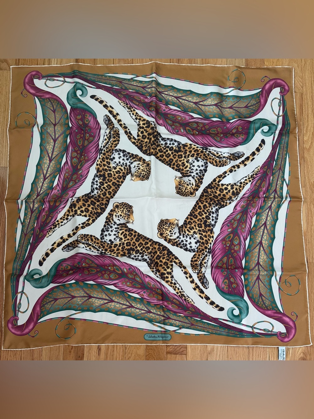 Salvatore Ferragamo Leopard Motif Silk Scarf in White, Gold, Pink & Green.